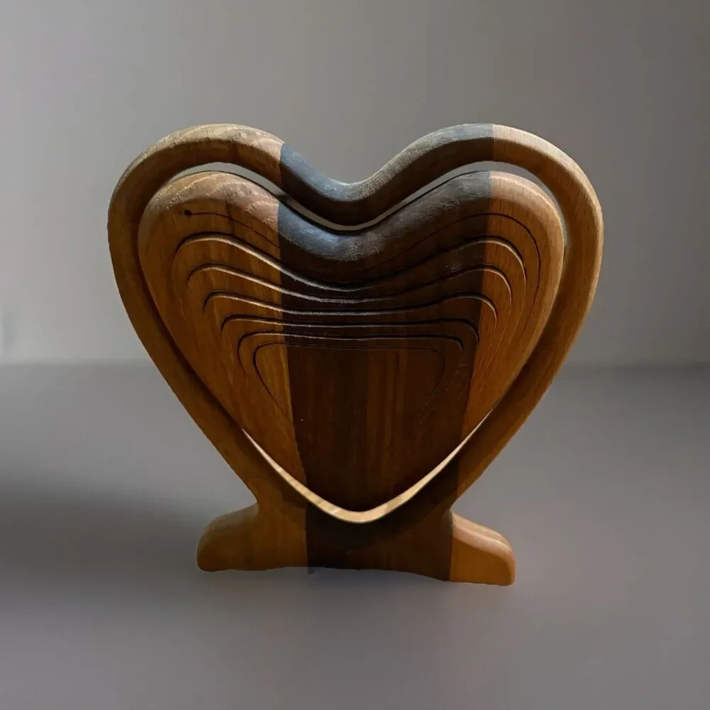 Vintage Mid-Century Accordion Wood Heart Shaped Folding Fruit Basket Trivet Bowl